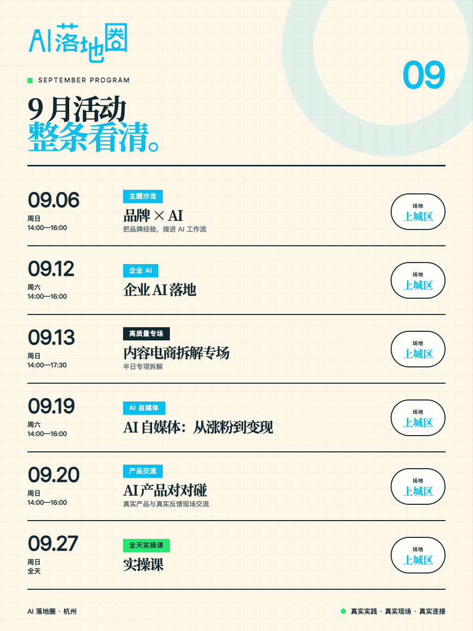 AI 落地圈 2026 年 9 月杭州活动排期：品牌与 AI、企业 AI 落地、内容电商拆解、AI 自媒体、AI 产品交流和实操课